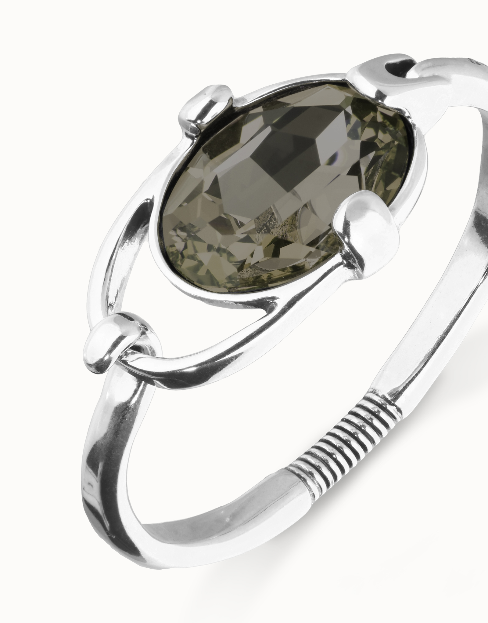 Pulsera rígida bañada en plata de ley con cristal  facetado ovalado gris, Plateado, large thumbnail